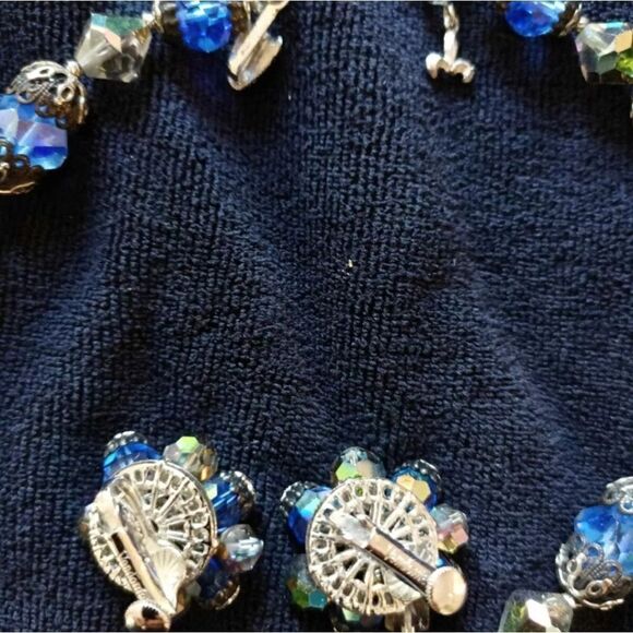 Vintage Vendome Blue and Clear Aurora Borealis Crystal Necklace & Earrings - Picture 9 of 9